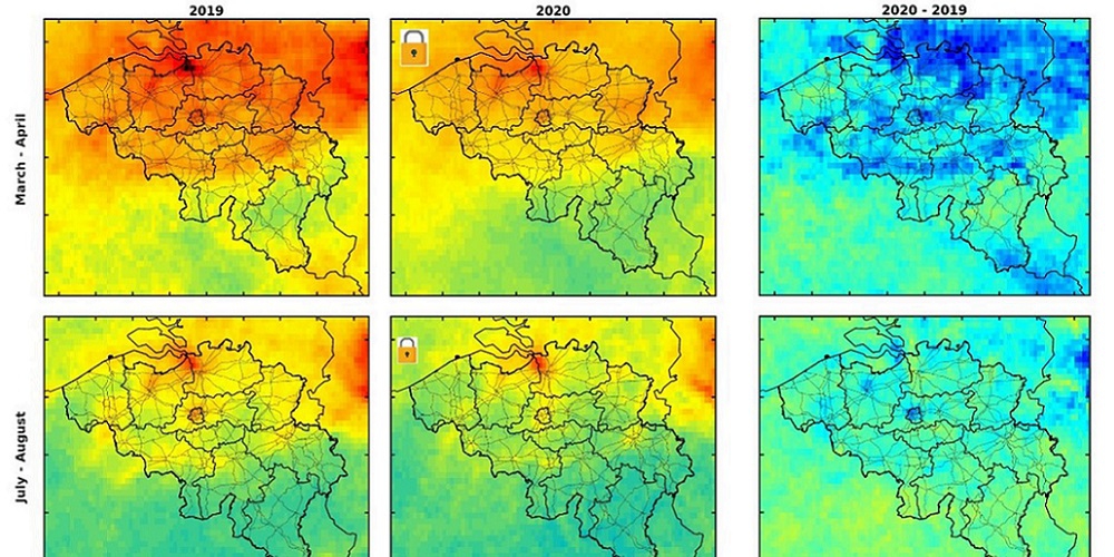 Stikstofdioxideconcentraties (NO2) in België in de maanden maart-april (bovenste rij) en juli-augustus (onderste rij) in 2019 en 2020, en hun verschillen (rechterkolom).