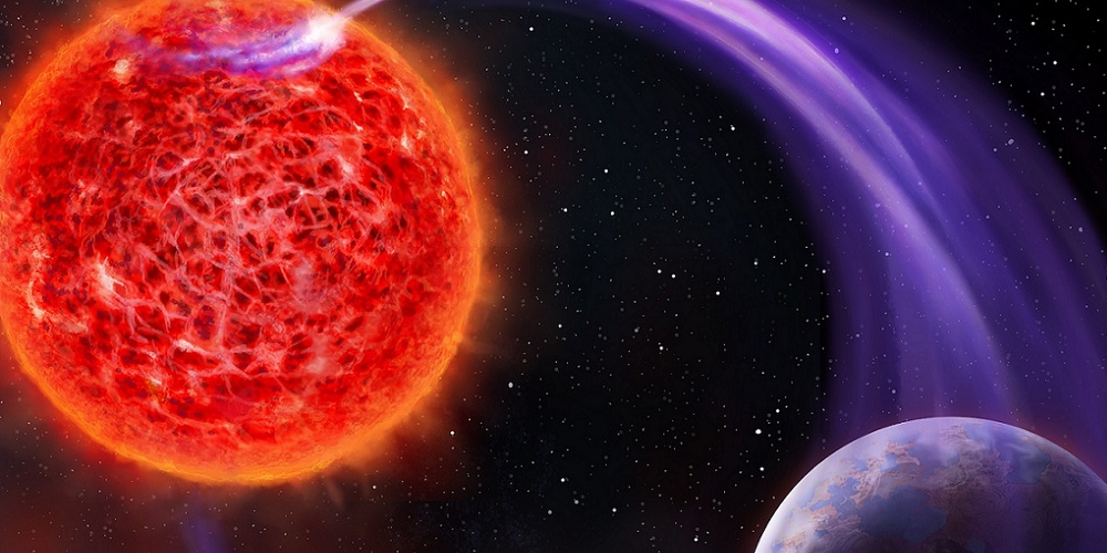 Artistieke impressie van de magnetische interactie tussen een rode dwergster en zijn exoplaneet.