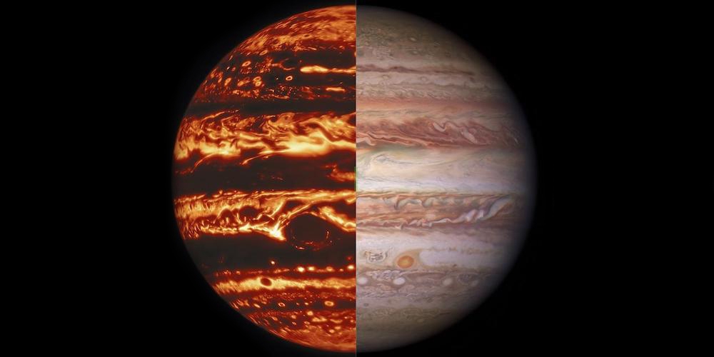 Jupiters bandvormige verschijning wordt veroorzaakt door de wolkvormende "weerlaag". In deze samengestelde opname toont de linkeropname de thermische energie van Jupiter die in infrarood licht wordt uitgezonden, met donkere wolkenbanden die als silhouetten tegen de thermische gloed van Jupiter afsteken. 