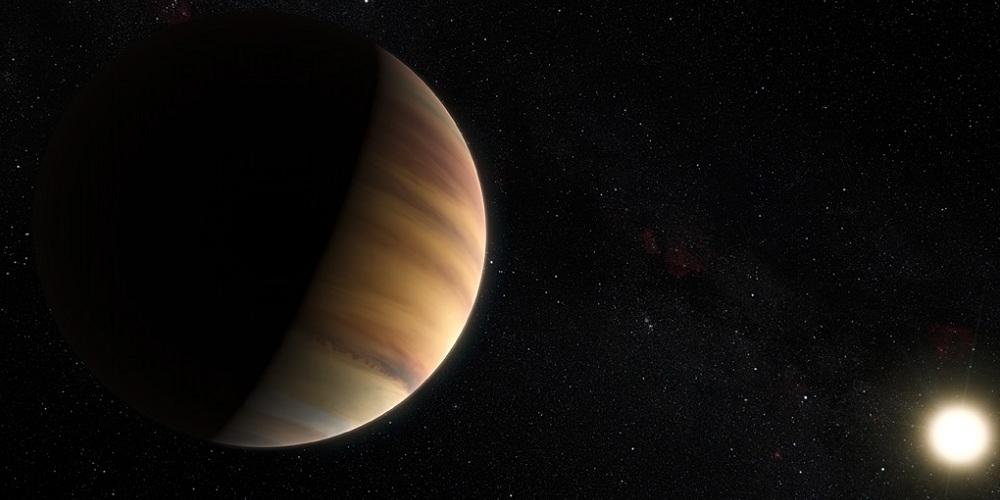 Deze artist’s impression toont de hete Jupiter-achtige exoplaneet 51 Pegasi b, ook wel Bellerophon genoemd, die om een 50 lichtjaar verre ster in het noordelijke sterrenbeeld Pegasus draait. In 1995 was dit de eerste exoplaneet die bij een normale ster werd ontdekt