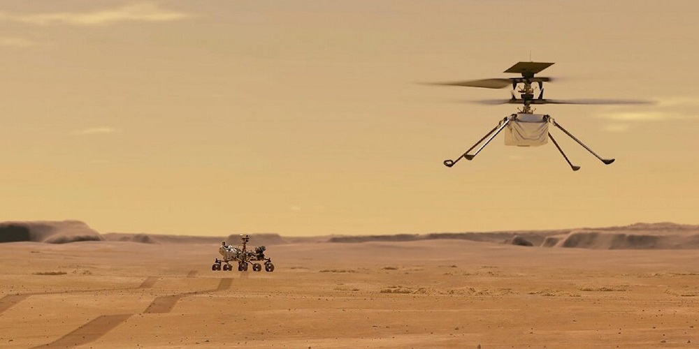 Artistieke impressie van de Ingenuity helikopter. 