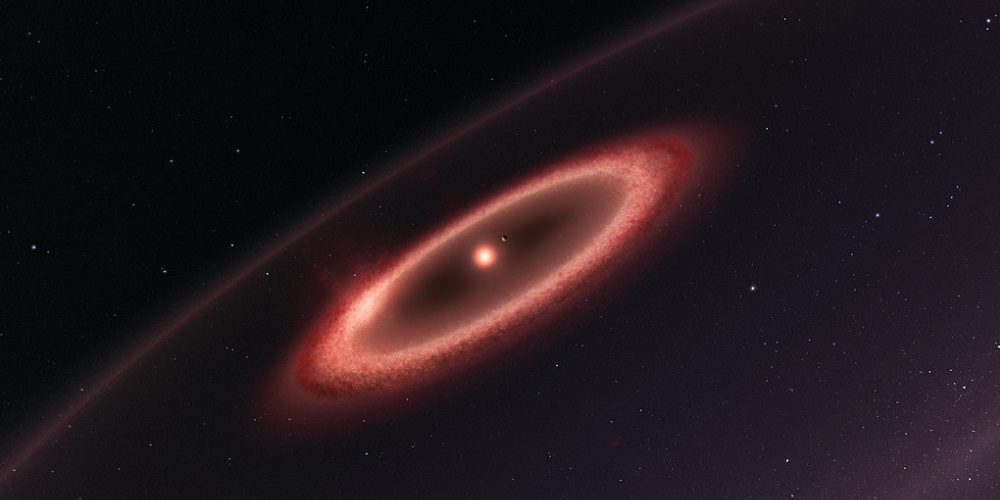 Deze artist’s impression laat zien hoe de pas ontdekte stofschijven rond Proxima Centauri, de ster die het dichtst bij ons zonnestelsel staat, eruit zou kunnen zien.