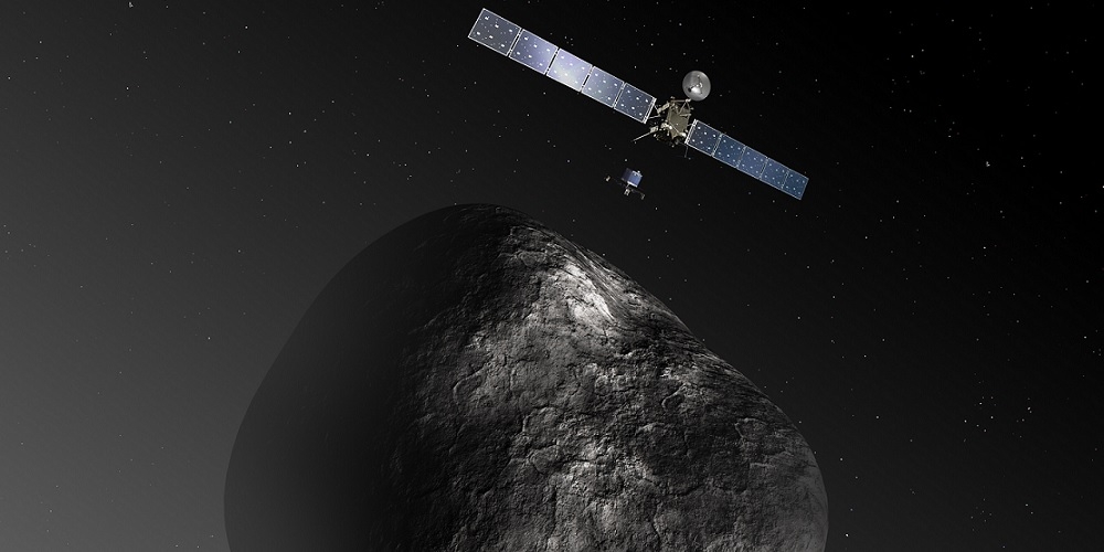Artistieke impressie van Rosetta in een baan om de komeet 67P/Churyumov-Gerasimenko