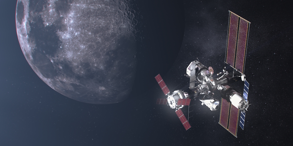 Artistieke impressie van het Gateway ruimtestation in een baan om de maan. 