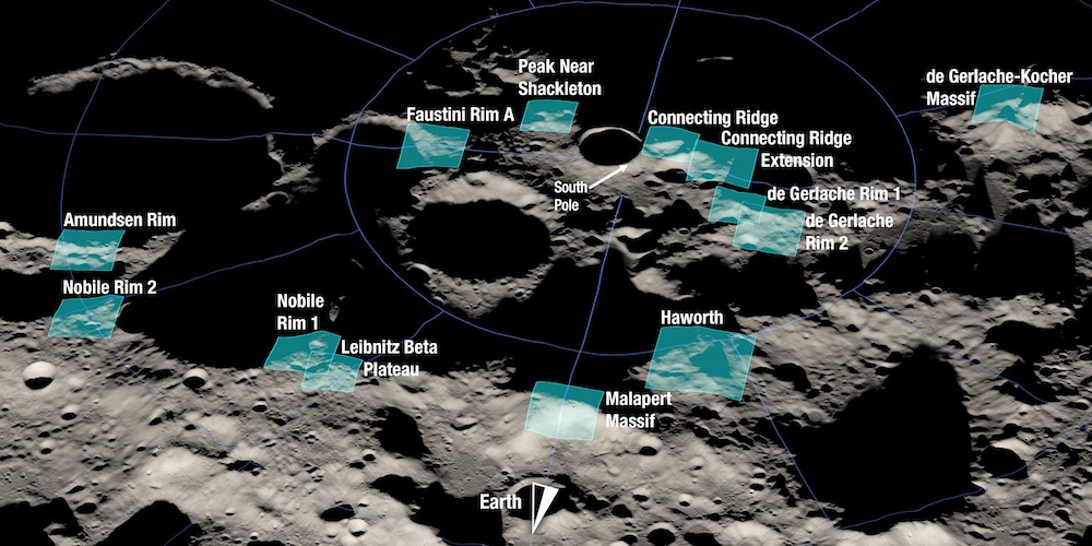 De 13 kandidaat landingsplaatsen voor de volgende bemande missie naar de maan. 