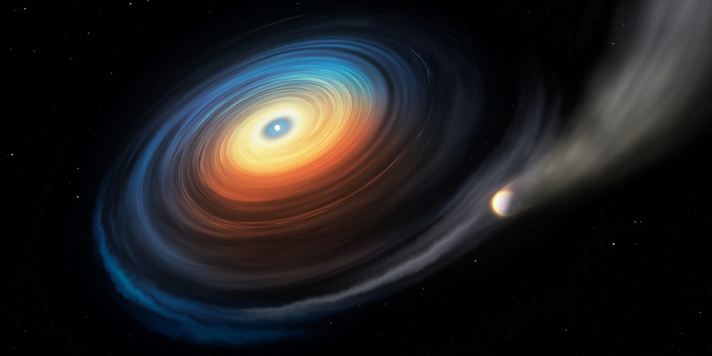 Deze illustratie toont de witte dwerg WDJ0914+1914 en zijn Neptunus-achtige exoplaneet. 