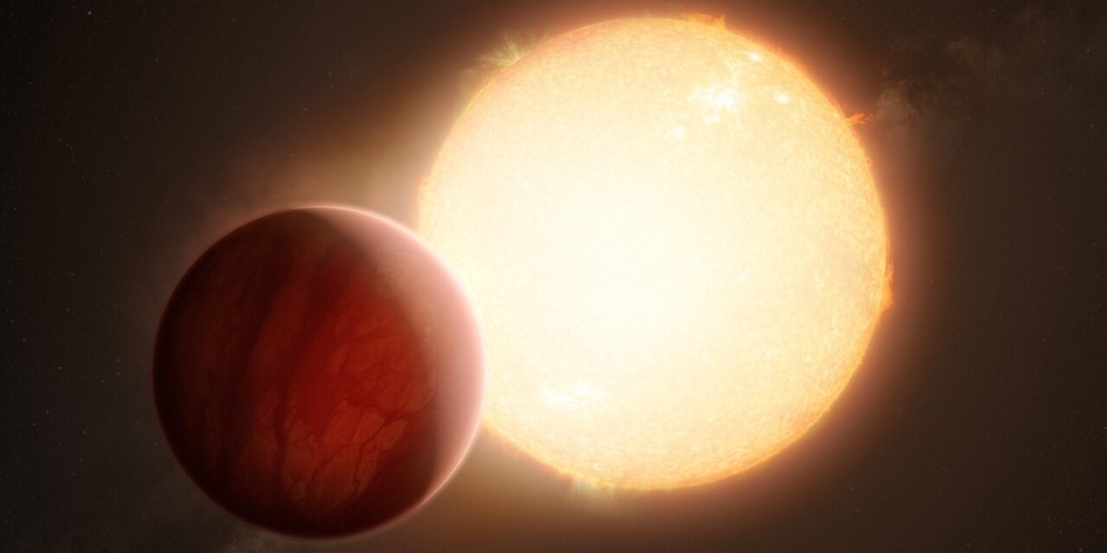 Deze artist’s impression toont een ultrahete exoplaneet, een planeet buiten ons zonnestelsel, die op het punt staat om voor zijn moederster langs te trekken. 