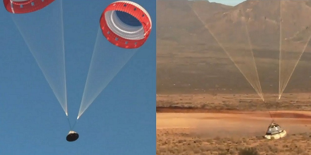 De Starliner capsule keert terug naar de Aarde na een geslaagde pad abort-test. 