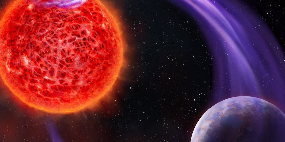 Rode dwerg met poollicht. Een artistieke weergave van poollicht bij een rode dwergster (links) vanwege interactie met een exoplaneet (rechts).