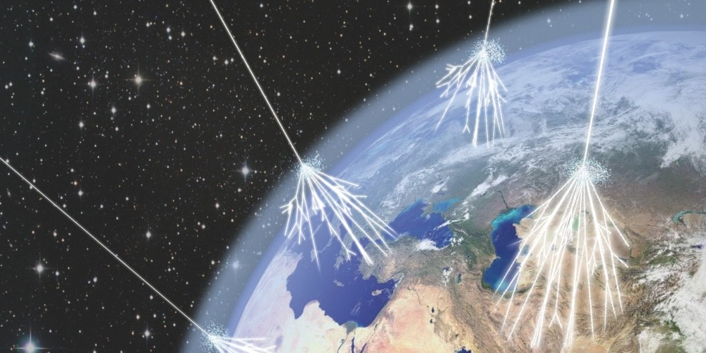 Artistieke impressie van kosmische stralen die de atmosfeer van de Aarde binnendringen