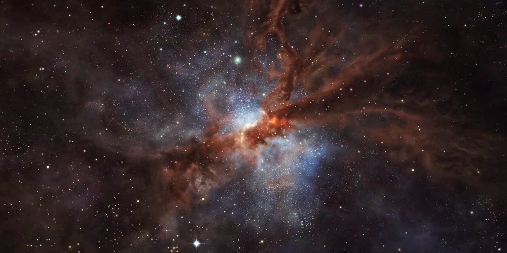 Deze artist’s impression toont NGP-190387, een sterren-vormend, stofrijk sterrenstelsel dat zo ver weg staat dat zijn licht er meer dan twaalf miljard jaar over heeft gedaan om ons te bereiken.